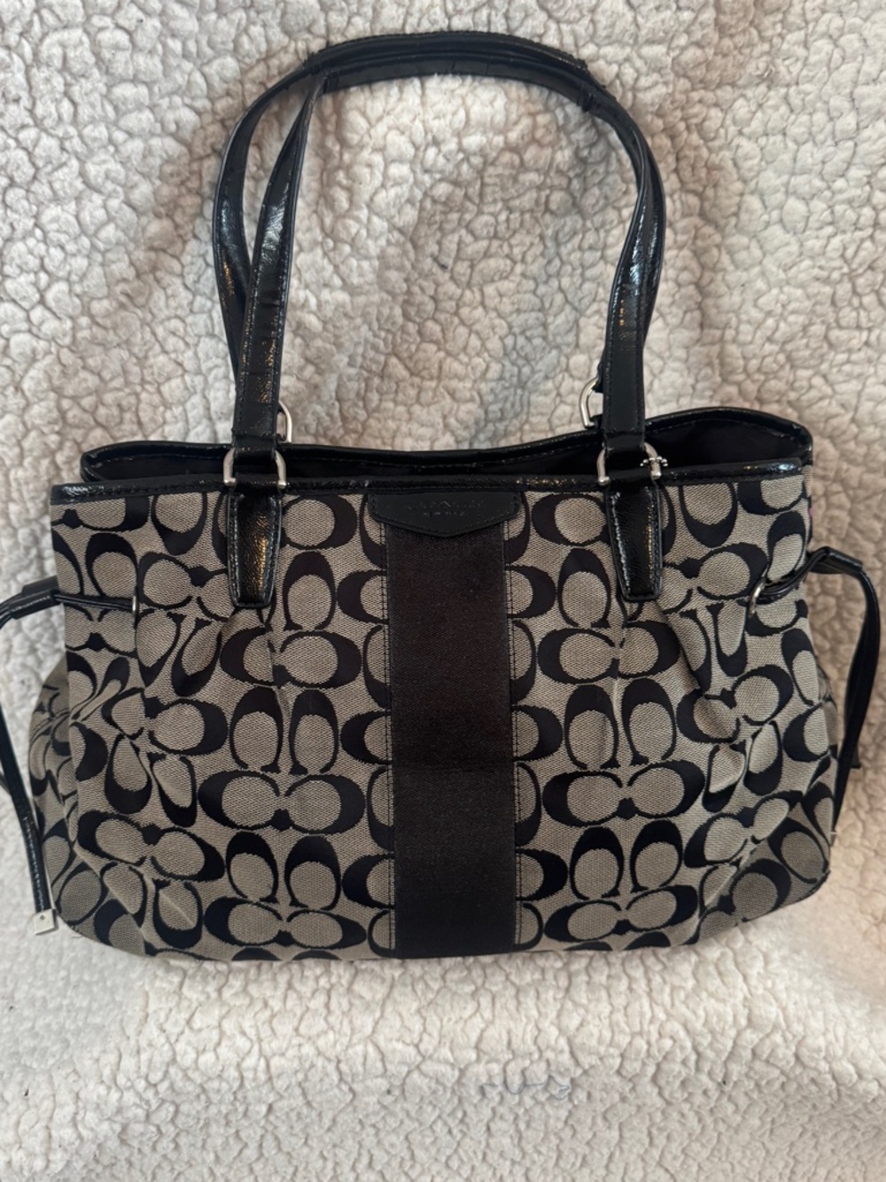 Coach Black and Cream Signature Canvas Tote with Leather Trim